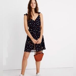 NEW Madewell 2 Ruffle-Strap Wrap Dress In Confetti Floral Navy Blue MINI